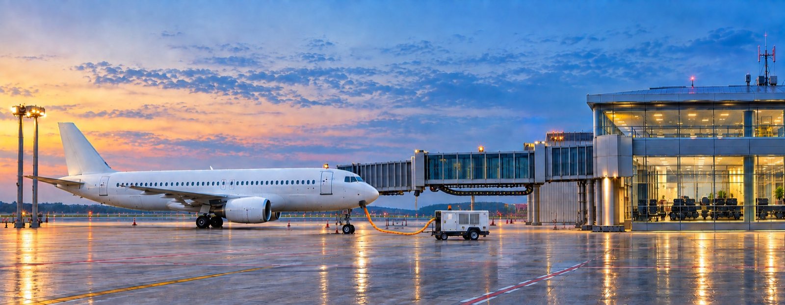 Aircraft on a wet apron at dusk with a 400 Hz ground power cable, boarding bridge and terminal